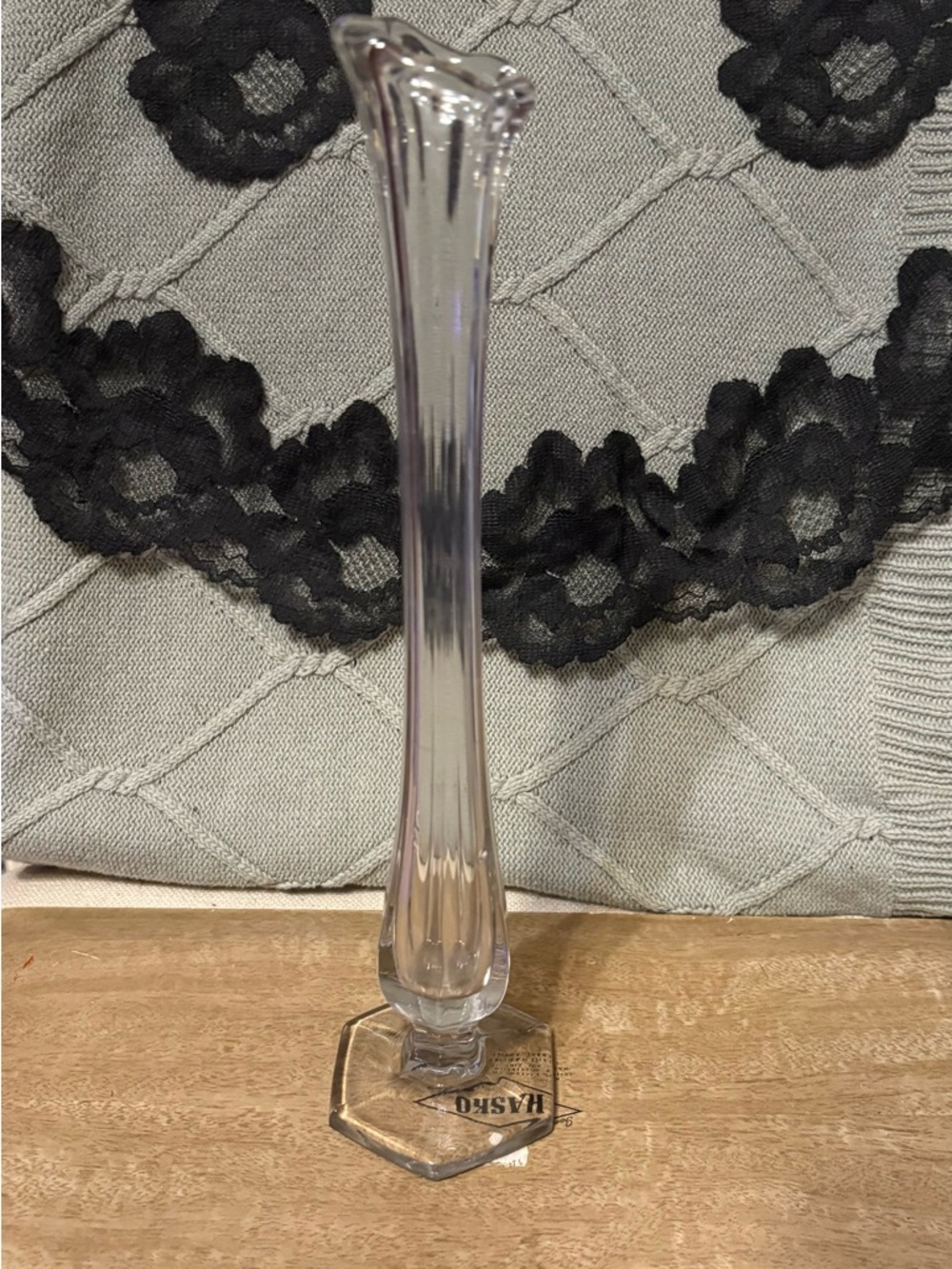 11’ Clear glass sung bud vase ribbed yhexagon pedestal base boho vintage